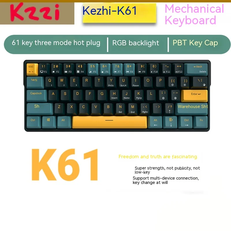 

Трехрежимная механическая клавиатура Kzz K61, полноклавишная клавиатура с горячей заменой клавиш Pbt, полноклавишная клавиатура Rgb, легкая портативная клавиатура в подарок