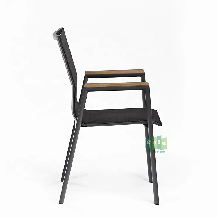 (E3042) Aluminum Metal Black Stackable Outdoor Patio Cafe Dining Chairs with Teak Armrests