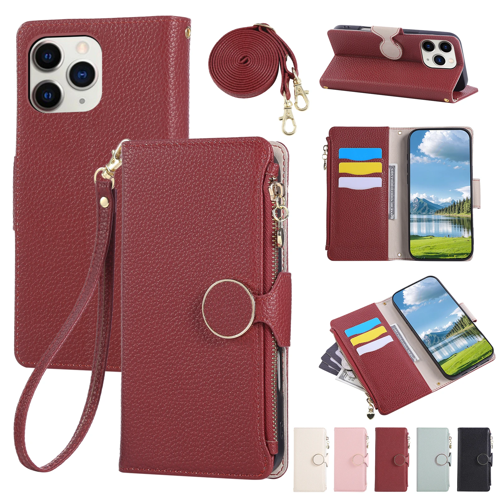 Crossbody Multi-Card Leather Wrist Strap Zipper Case