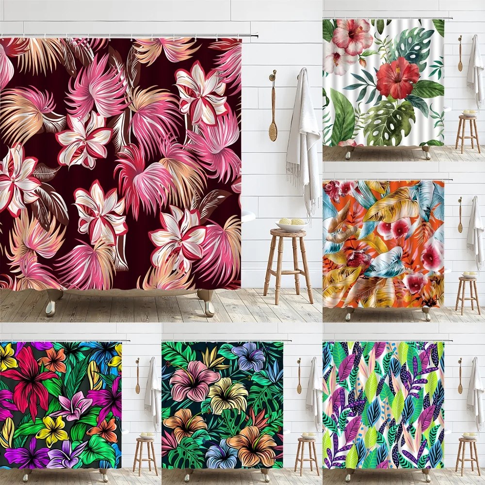 

Colorful Tropical Leaves Shower Curtain Abstract Watercolor Floral Plant Bath Curtains Waterproof Fabric Bathroom Decor Screen