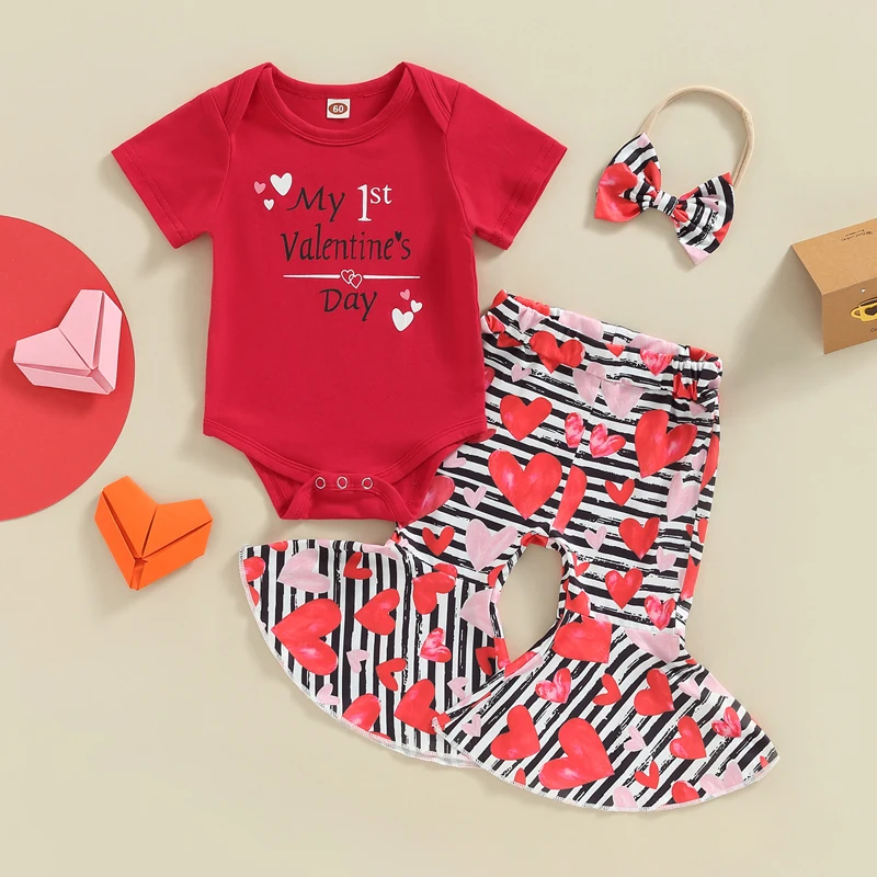 

3PCS Baby Girls Valentine's Day Clothes Outfit Red Short Sleeve Arrow Print Romper + Heart Print Flared Pants + Headband
