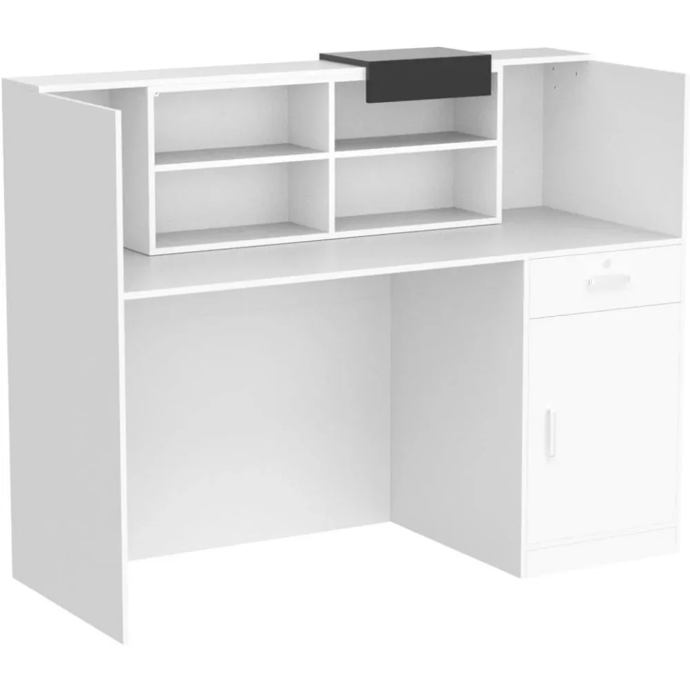 Modern Reception Desk Counter with Hutch, Adjustable Storage Cube, Lockable Drawer & 1 Door Cabinet, Office Wooden Computer Desk 6