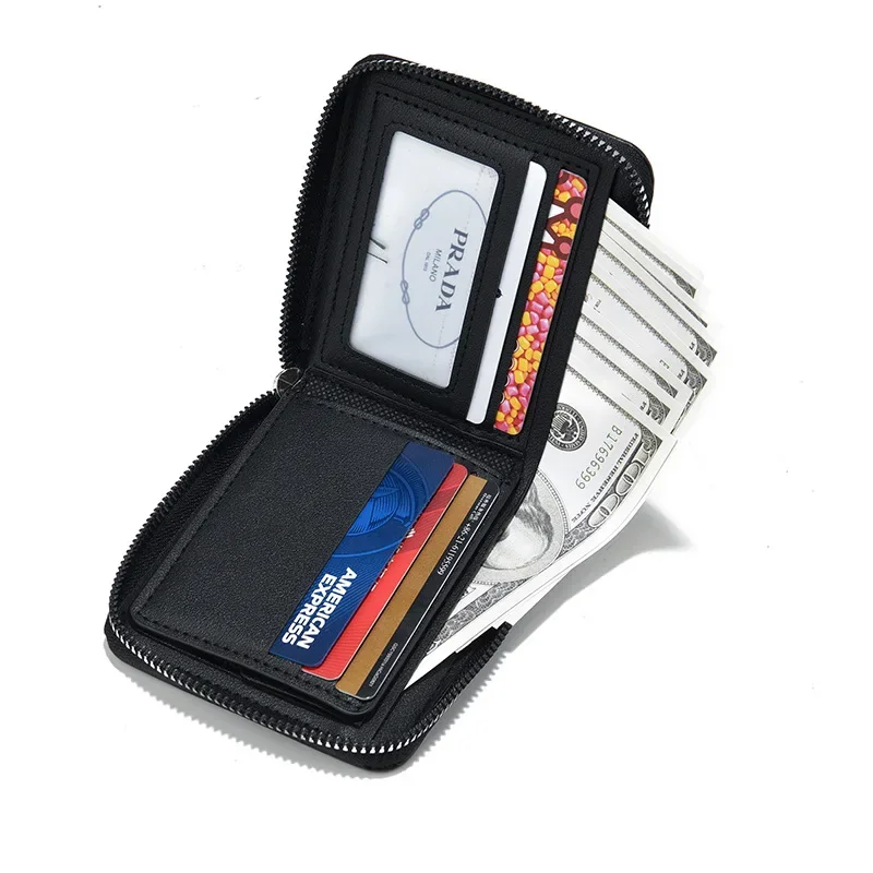 Men's Wallet RFID Blocking Short Zipper Cardholder Multifunction PU Leather Clip Money Organizer Horizontal Business Card Case