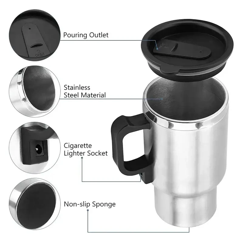 자동차 전기 난방 컵 12V 스테인레스 스틸 보온병 450ml USB 가열 머그잔 야외 여행 캠핑 커피 차 따뜻한 액세서리