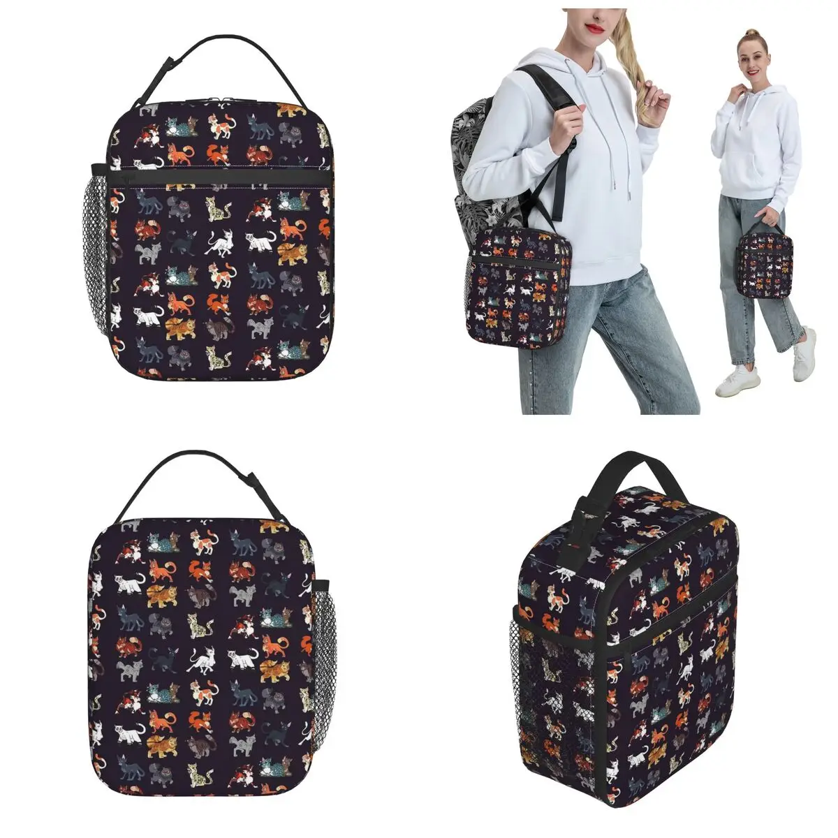 Warrior Cute Cats Lovers Insulated Lunch Bags Large Cool Lunch Container Cooler Bag Tote Box School Picnic Girl Boy