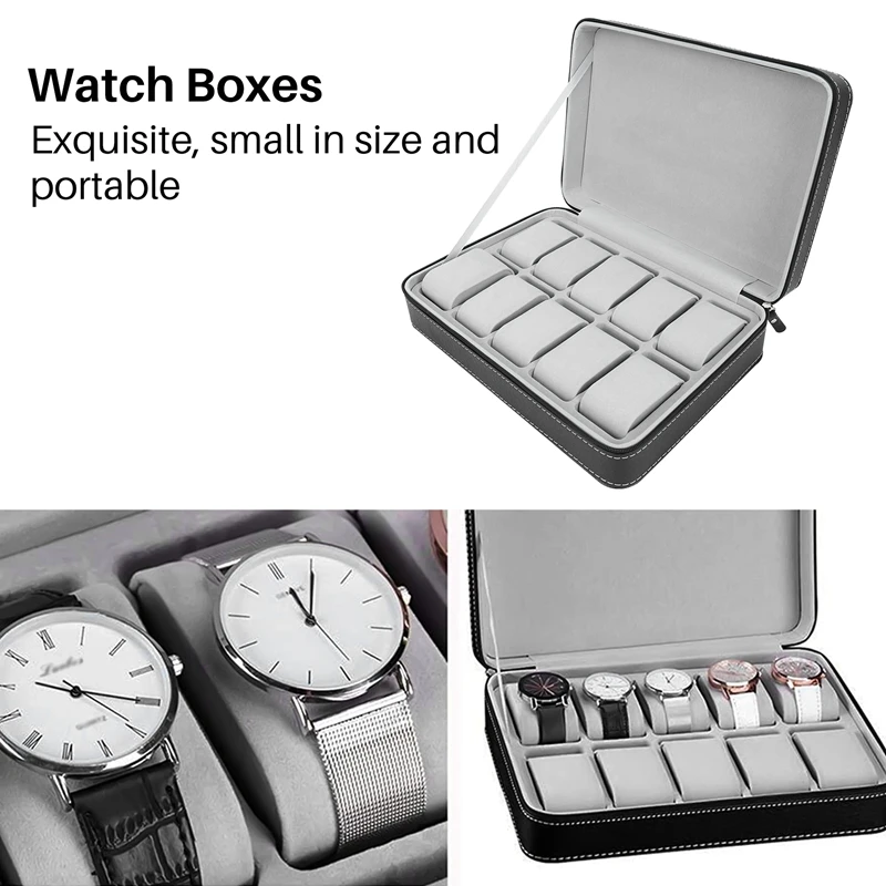 Portable Watch Box Organizer PU Leather Casket with Zipper Classic Style 10 Grids Multi-Functional Bracelet Display Case Watch Storage Box Watch Storage Bag