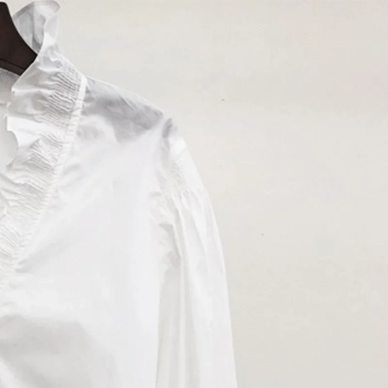 Elegant and Simple Ruffle Collar Bubble Sleeve White Long Sleeve Shirt