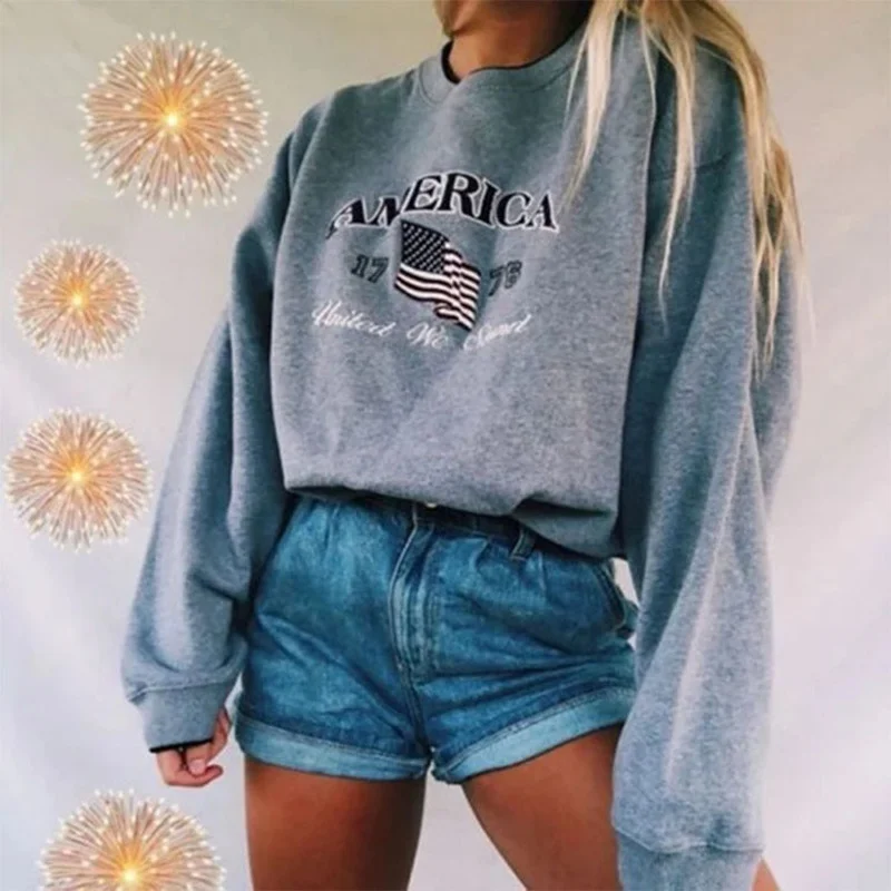 Gray American Flag Letter Print Vintage Crewneck Sweatshirt Women Long Sleeve Loose Sports Casual Clothes for Teens Autumn Tops