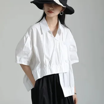[EAM] 여성용 화이트 플리츠 블라우스, 불규칙 빅 사이즈, 라펠 반팔, 루즈핏 셔츠, 패션 용수철, 여름 2024, 1DF8310, 신상