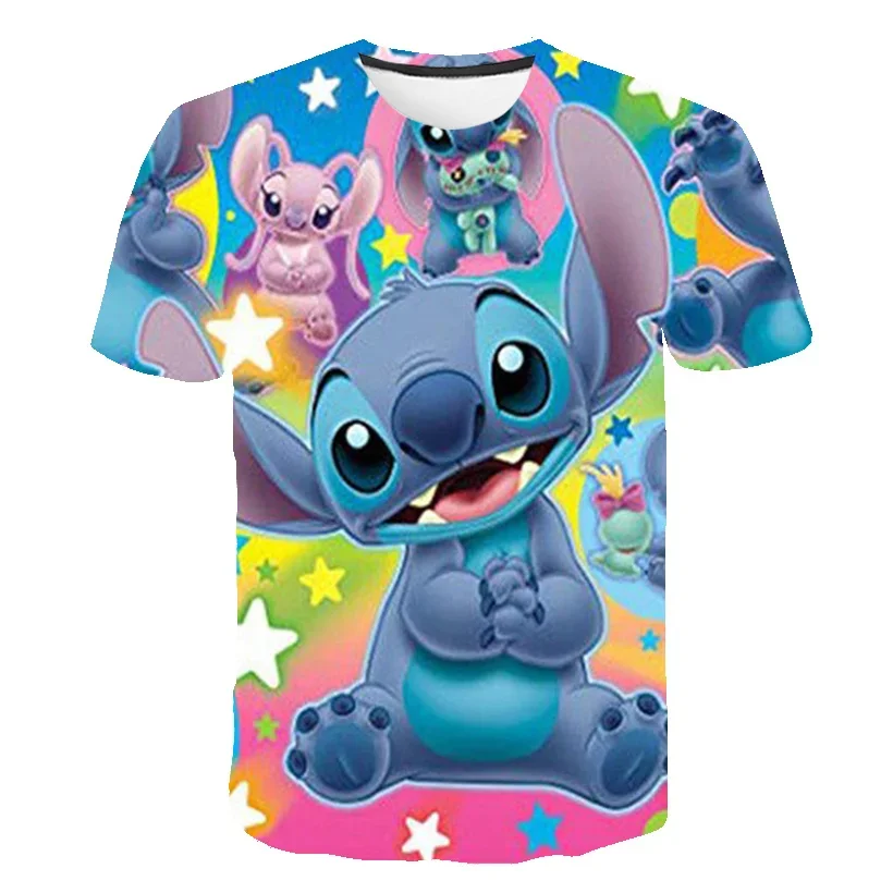 

2024, футболка с 3D рисунком из мультфильма Disney Stitch, топы, Повседневная футболка для мальчиков и девочек