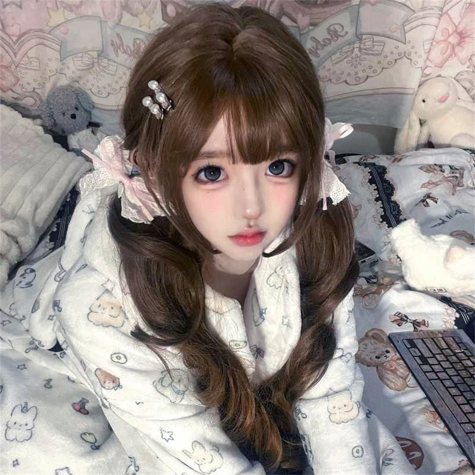 Brown Curly Synthetic Wig For Women With Bangs