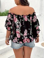 Plus Size Summer Women Elegant Chiffon Shirt Floral Print Off the Shoulder Tops Ruffle Sleeve Curve Clothing 2