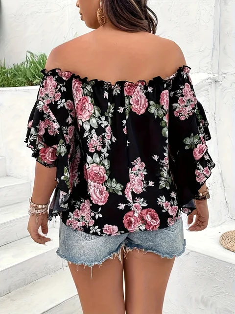 Plus Size Summer Women Elegant Chiffon Shirt Floral Print Off the Shoulder Tops Ruffle Sleeve Curve Clothing 2