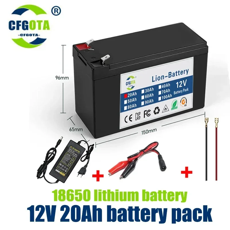 

Upgraded 12v 20Ah 18650 Li Ion Battery Electric Vehicle Lithium Battery Pack 9V- 12V 25000mAh Built-in BMS 80A High Current