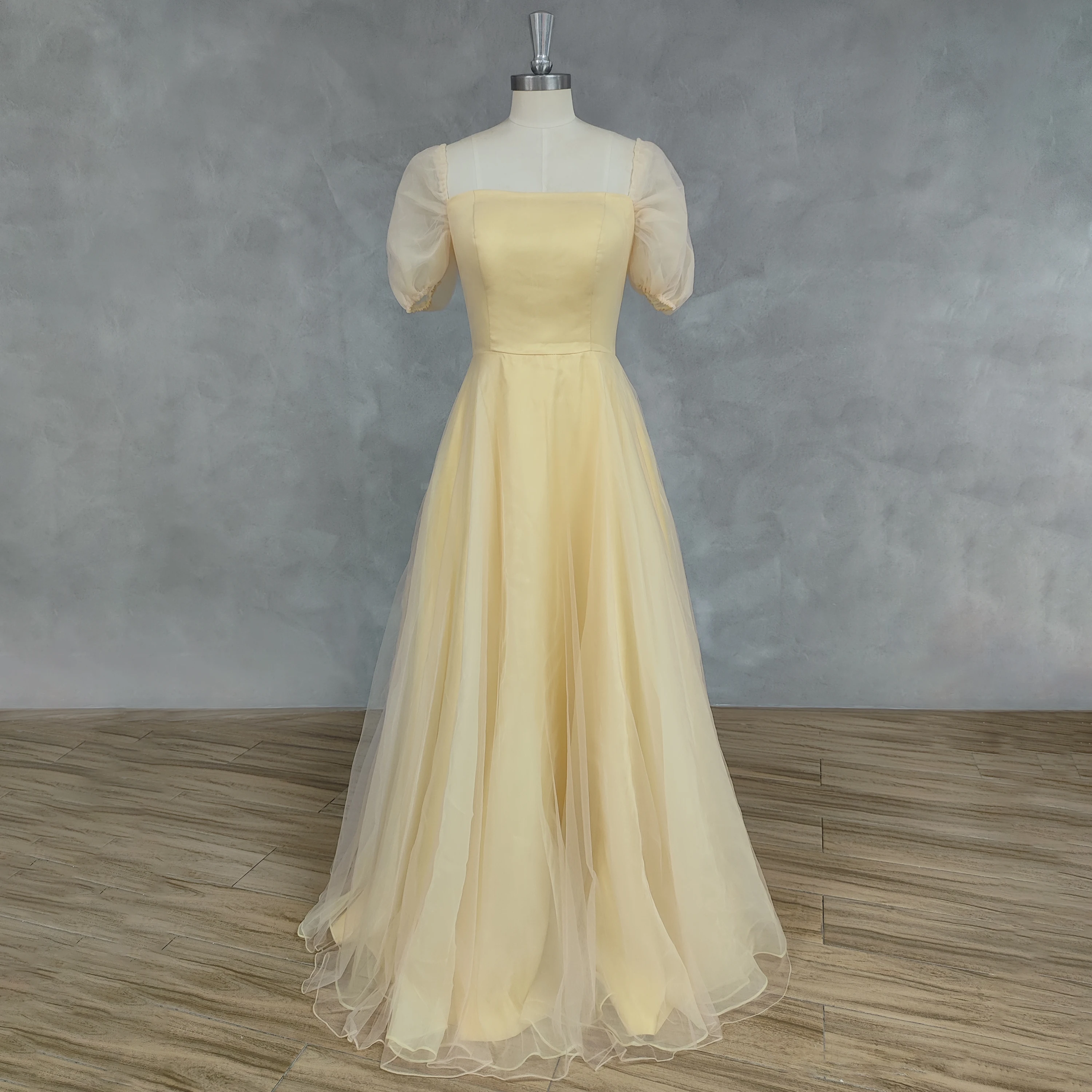 

DIDEYTTAWL Real Photos Square-Neck Puff Sleeves Tulle Prom Dress For Women A-Line Lace Up Back Sweep Train Evening Gown