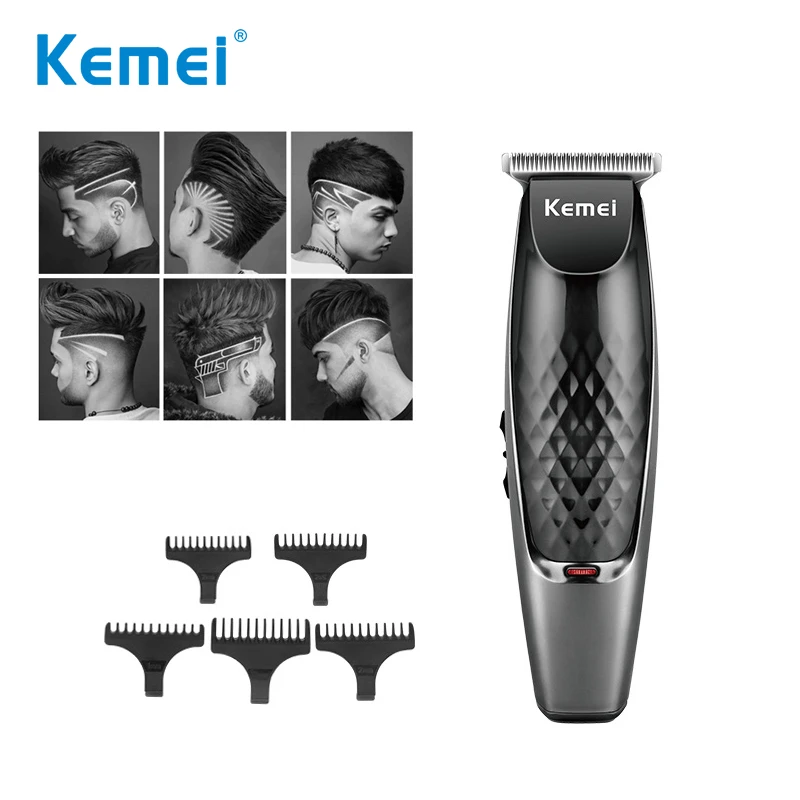 Kemei-máquina de cortar cabelo, recarregável, com 5 pentes, usb, cabo de dados android, interface dupla, corte de cabelo, cabeça de óleo, aparador 38d