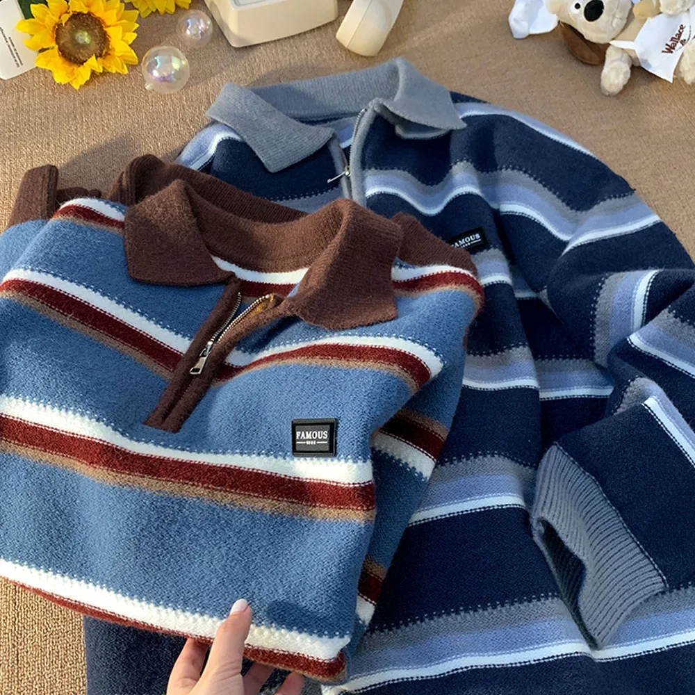 Japan Men's Y2K Knitted Warm Polo Knit Striped Turtleneck Sweater Shirts Winter Streetwear Knitwear Korean Clothes Jumper Men