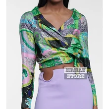 

luxury design 2022 spring Vintage Print Fashion Waist-Controlled Long Sleeves crop women shirts button up shirt womens tops S-L