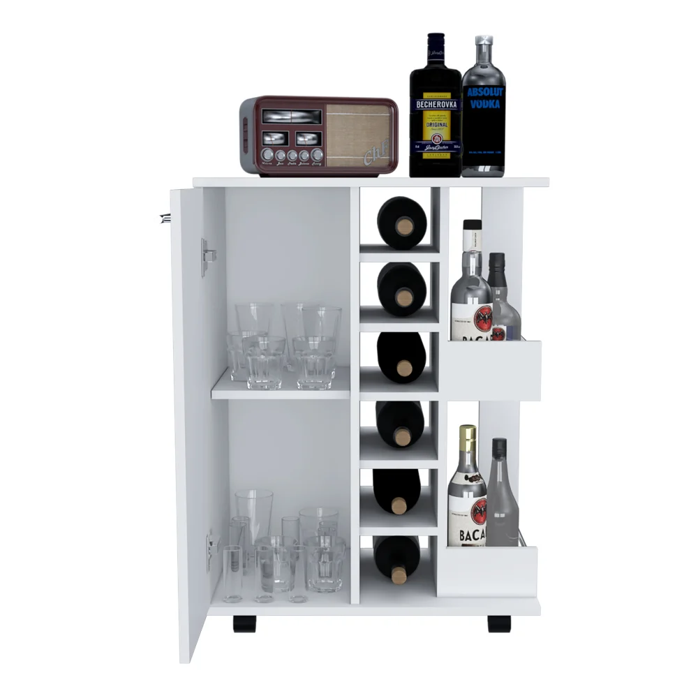 32" H White Bar-coffee Cart Cabinet Storage 4 Wheels 1 Divided Storage with 1 Shelf, Fold Ing Door A Central Vertical Division