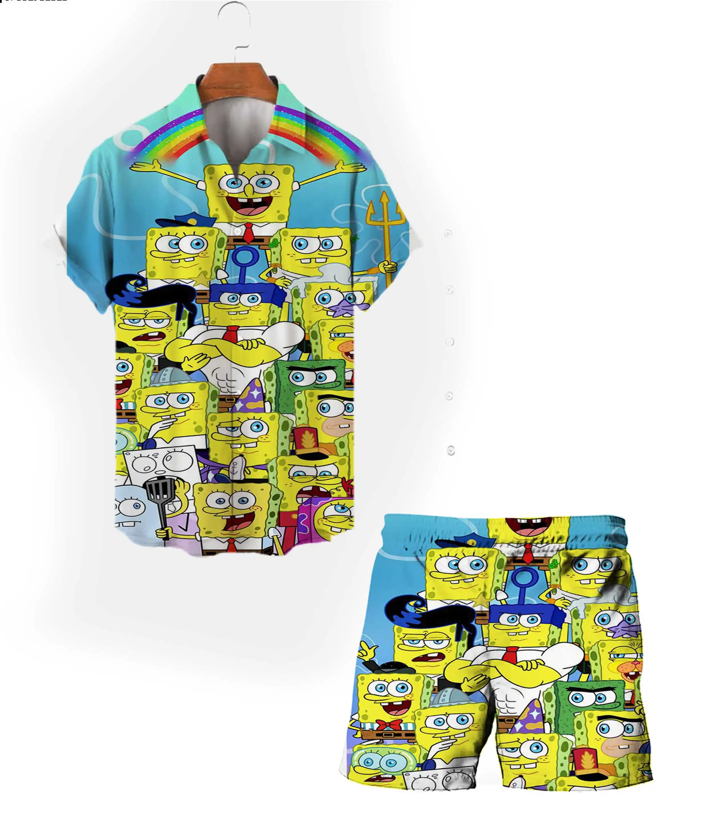 Street Harajuku style 2024 new summer Spongebob cartoon men's lapel short-sleeved tops beach shorts fashion casual suit y2k