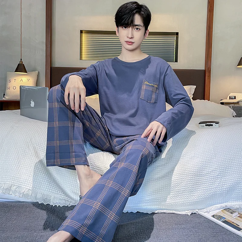 new arrival spring men pajamas long sleeve male pajama set men knited cotton pajamas for men sleepwear suit loungewear 3xl Cotton Sleepwear Pajamas for Men Autumn Spring Loungewear Plaid Printing Leisure Sleepwear Long Sleeves Pijamas Soft pyjama set