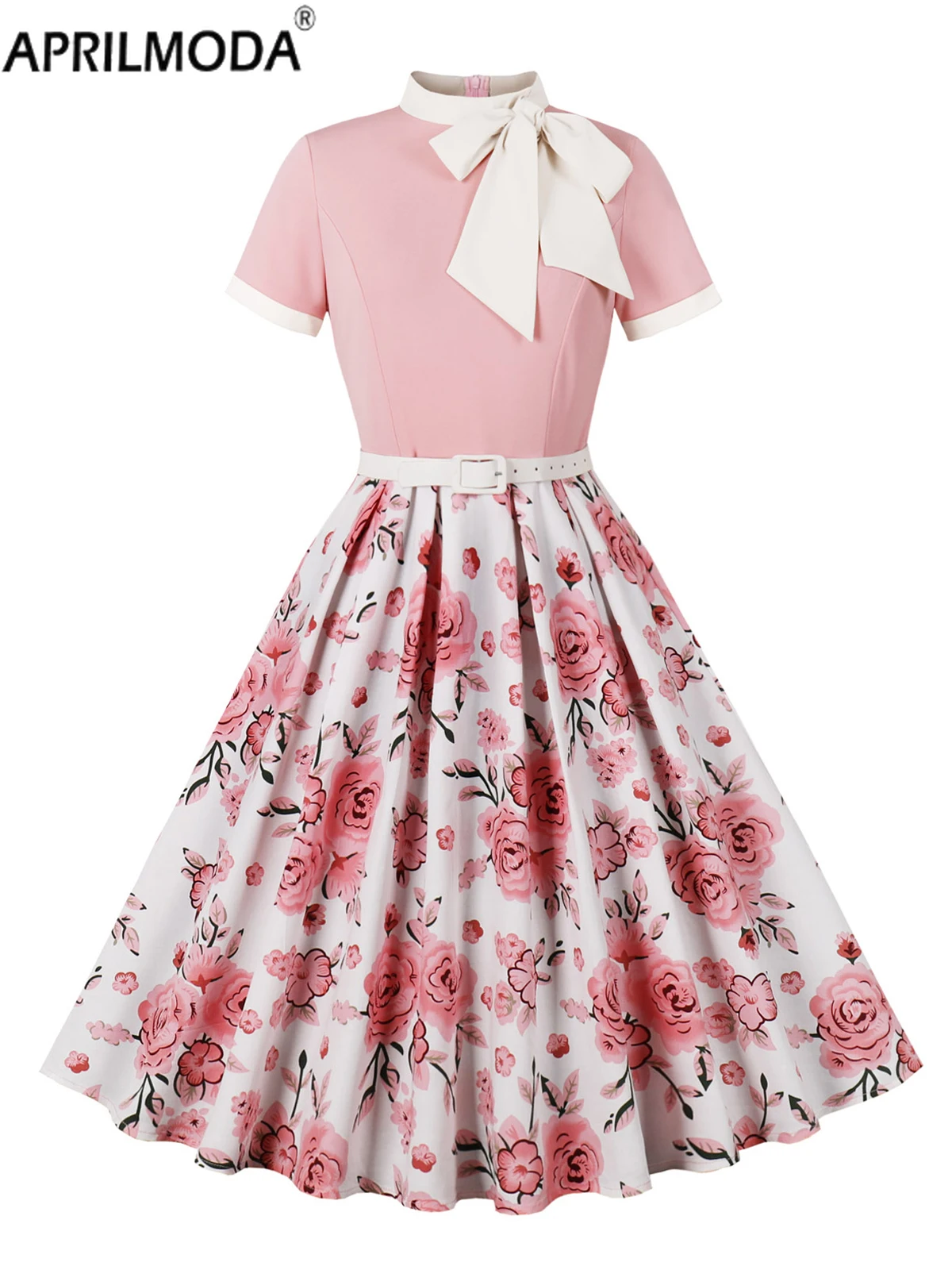 

2024 Pink Floral Patchwork 40s 50s Pinup Vintage Dresses for Women Contrast Neck Bow Elegant Evening Summer Pleated Flare Dress