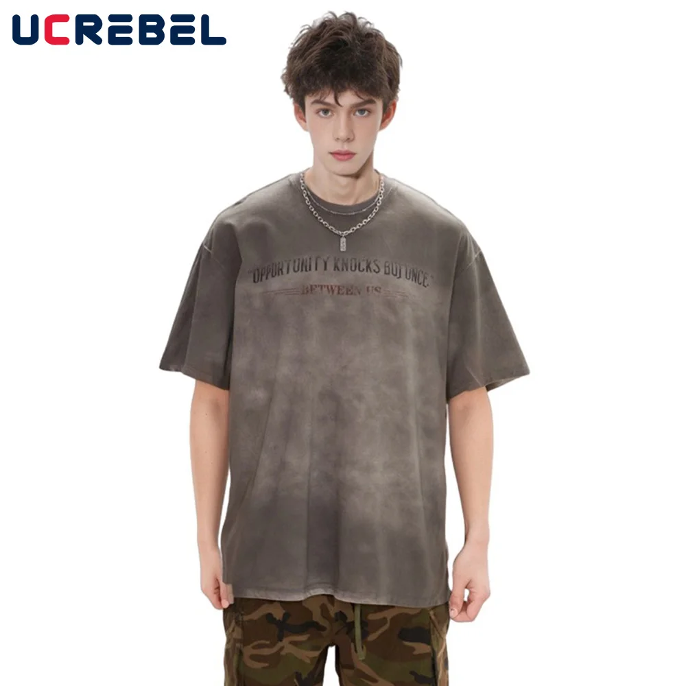 

Letter Print Tie-dye Short Sleeve T-shirt Mens Vintage Streetwear Distressed Loose Half-Sleeve Cotton Crew Neck Tee Men