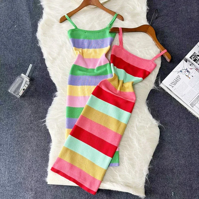 Rainbow Chic Fashion Sexy Wrap Hips Midi Dress Women Y2K Strip Knitted  Bodycon Summer Dress Streetwear Ladies Outfits Sundress - AliExpress  200000345