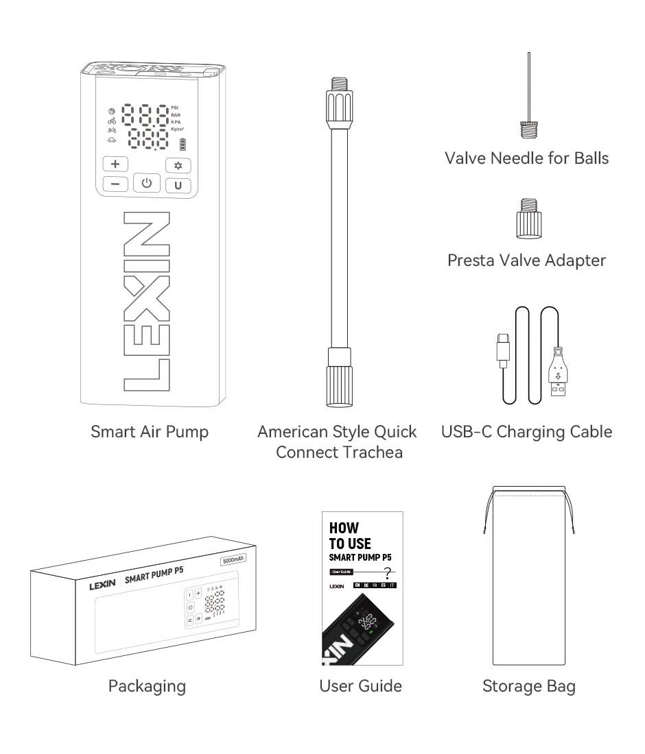Lexin P5 Smart Air Pump 5000mAh for Motorcycles Tire Inflator Bicycle Boat with LED Digital&Preset Pressure Inflation
