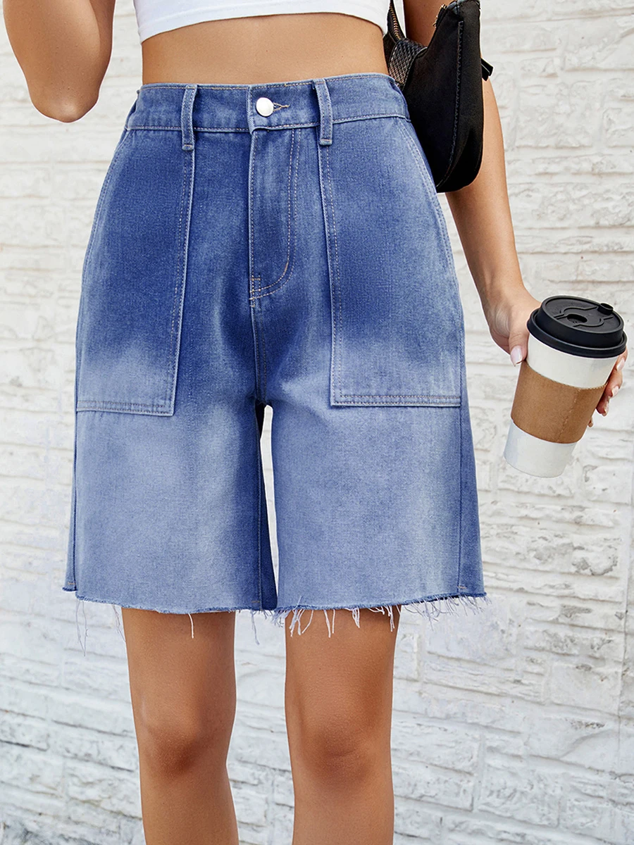 Women s High Waisted Distressed Denim Shorts with Frayed Hem and Pockets Vintage Washed Jean Shorts Casual Streetwear Fashion