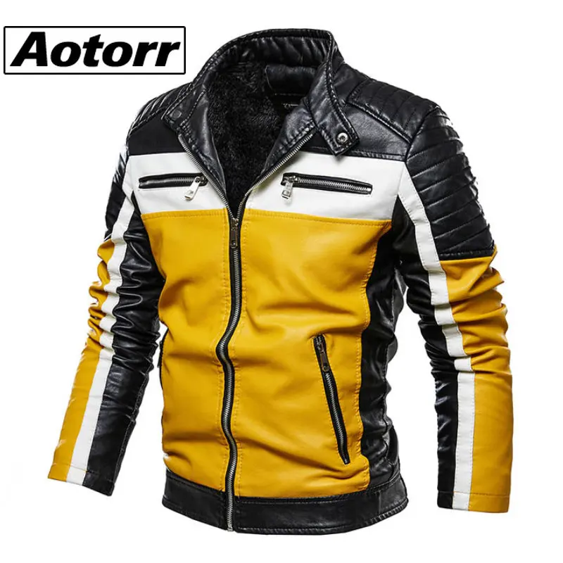 2023 Men Bomber Jacket Leather Zipper Motorcycle Faux Fur Coat Male ...