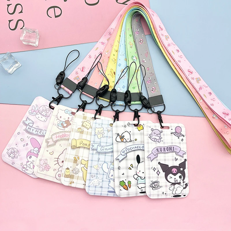 ID Badge Holder Neck Strap Pendant Kuromi Door Card Holders Lanyards Girls Pompom Purin Credential Holder