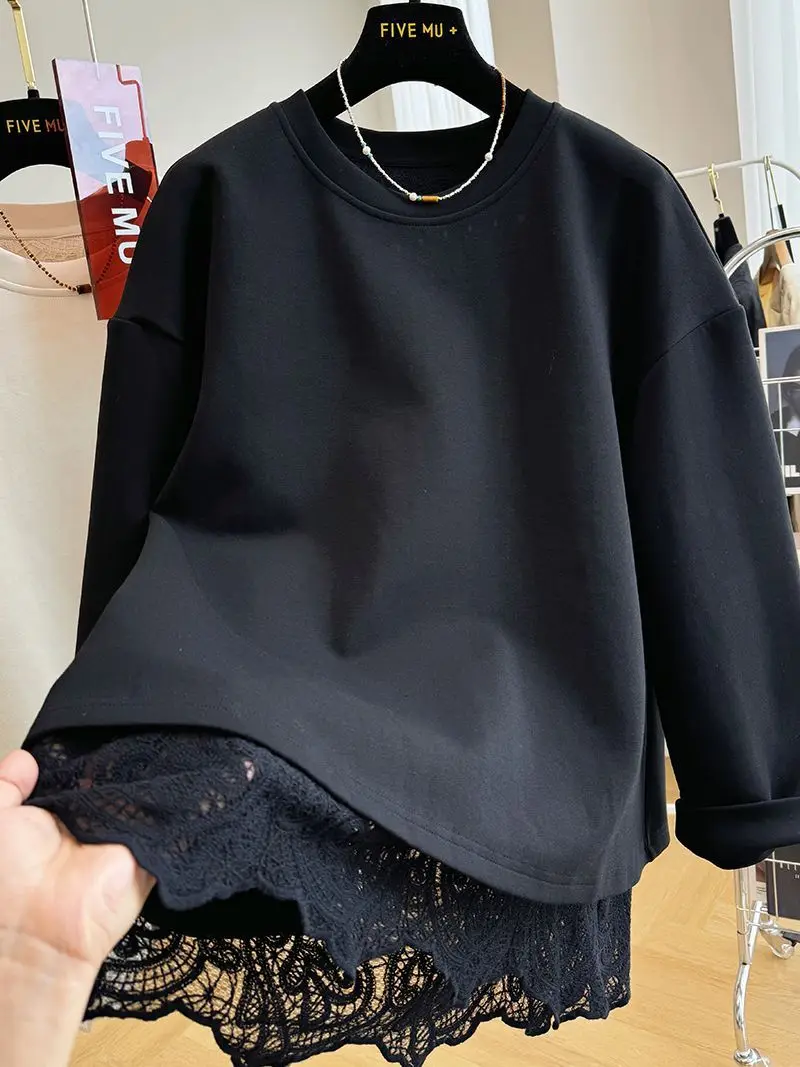 Lace Patchwork Fake Two-piece Pullover Spring Autumn Lazy O-neck Sweatshirts Mujer American Loose All-match Top for Women