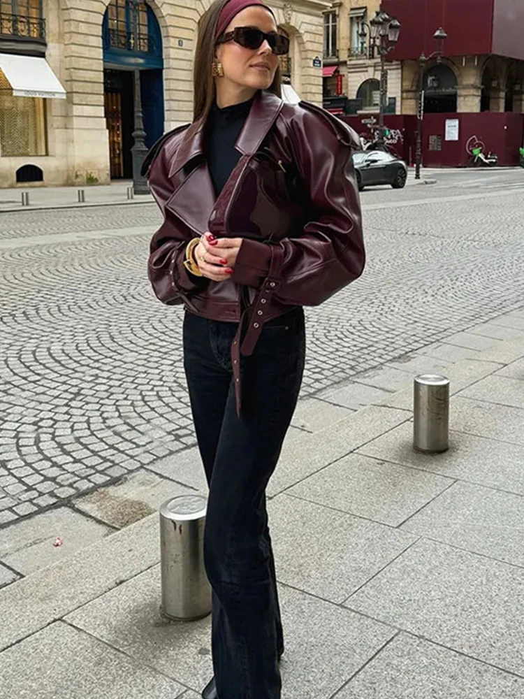 Elegant Women Long Sleeve Leather Jacket Vintage Turn-down Collar Female Short Coat Autumn New Ladies Locomotive Tops Outwear 4