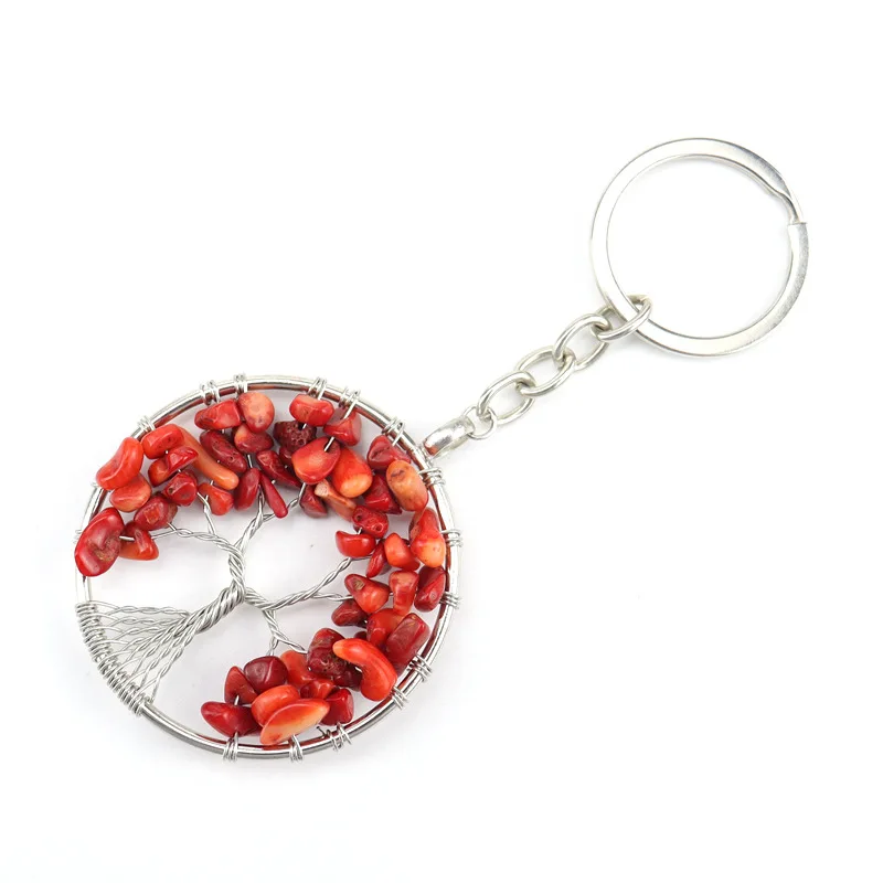 Tree of Life Keyrings Chip beads Natural Stone Crystal Chakra Quartz Keychain Pendant Keyrings Key Ring Bag Acc Jewelry