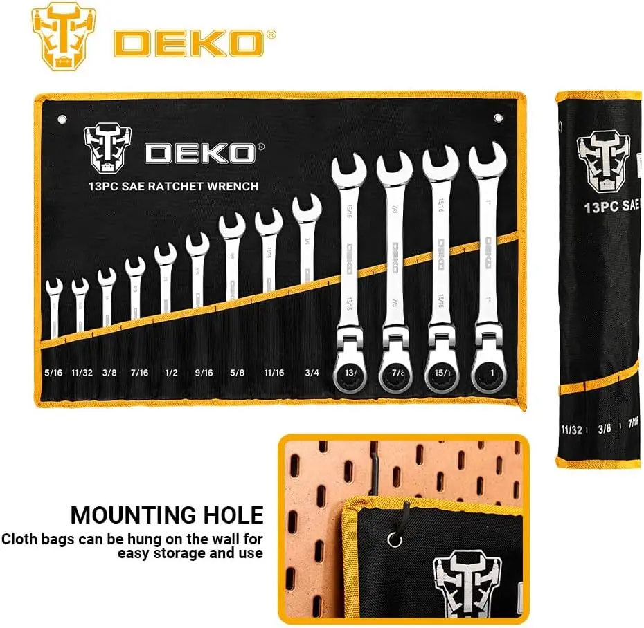 DEKO 13-piece Flex-Head Ratcheting Combination Wrench Set 5/16"-1" SAE 72-Tooth Cr-V Ratche Wrenches with Roll-up Pouch