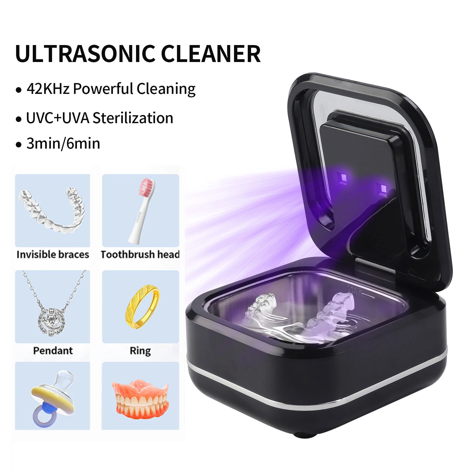 180ml Ultrasonic Cleaner UV Sterilization Ultrasound Dental Assistant Denture Washing Machine For False Teeth Aligner Retainer