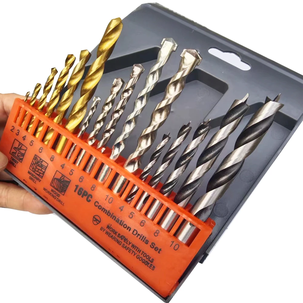 16 Pz/Bbox Multi-Funzione Twist Drill Mix Set Through Wall Metal Lavorazione Del Legno Trapano Cement Wall Punch Punta Da Trapano Con Gambo Tondo