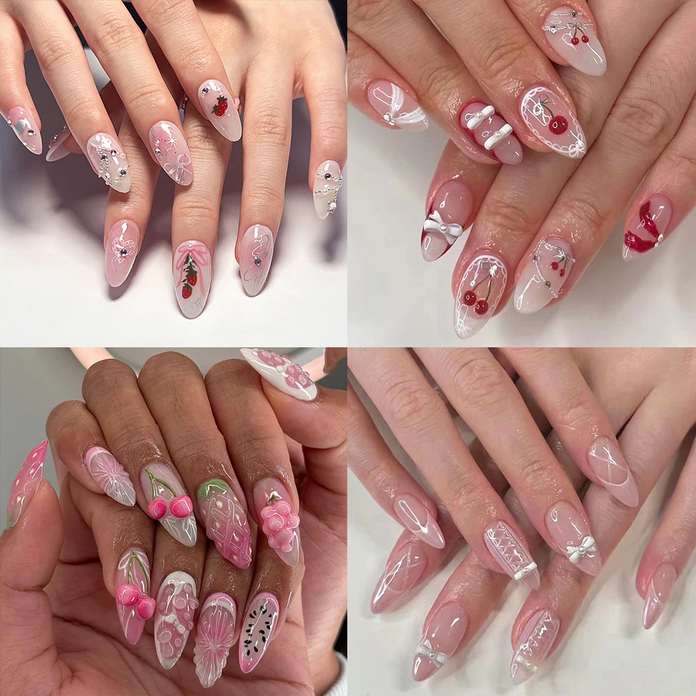 24Pcs Kawaii Short Almond Full Cover False Nails Sweet Cute Pink 3D Flowers Bowknot Pearl Design Gradients French Press On Nails
