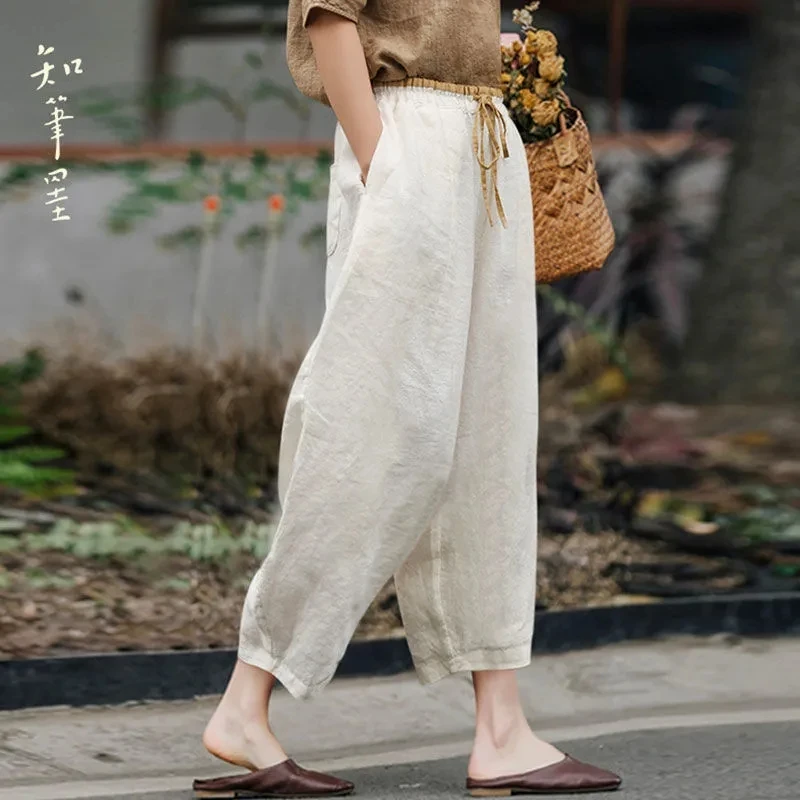 Casual Elastic High Waist Cotton Linen Pants Women Oversize