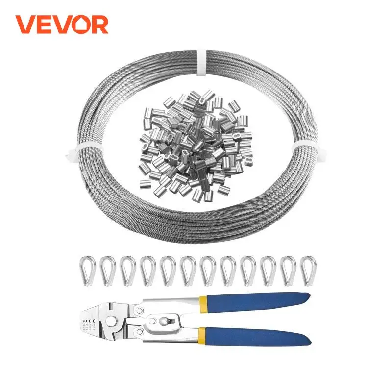 VEVOR 1/16" 66 ft Wire Rope Kit 304 Stainless Steel Cable with Crimping Pliers 7x7 Strands Marine for Handrail Decking Outdoors