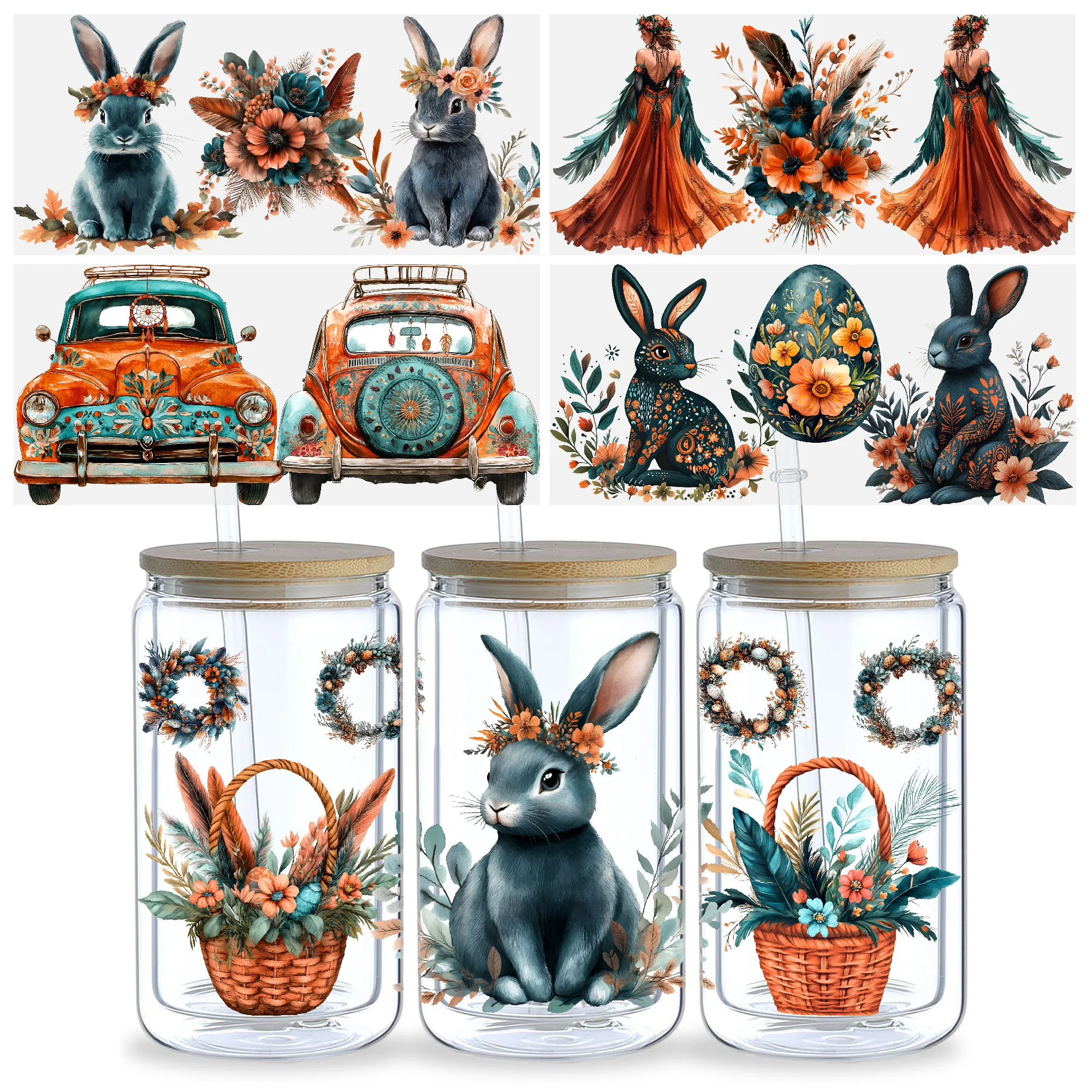 5 Sheets Easter UV DTF Cup Stickers, Glass Cup Transfer Stickers, Waterproof Wipeable Transfer Paper for 16 Ounces Glass Cups