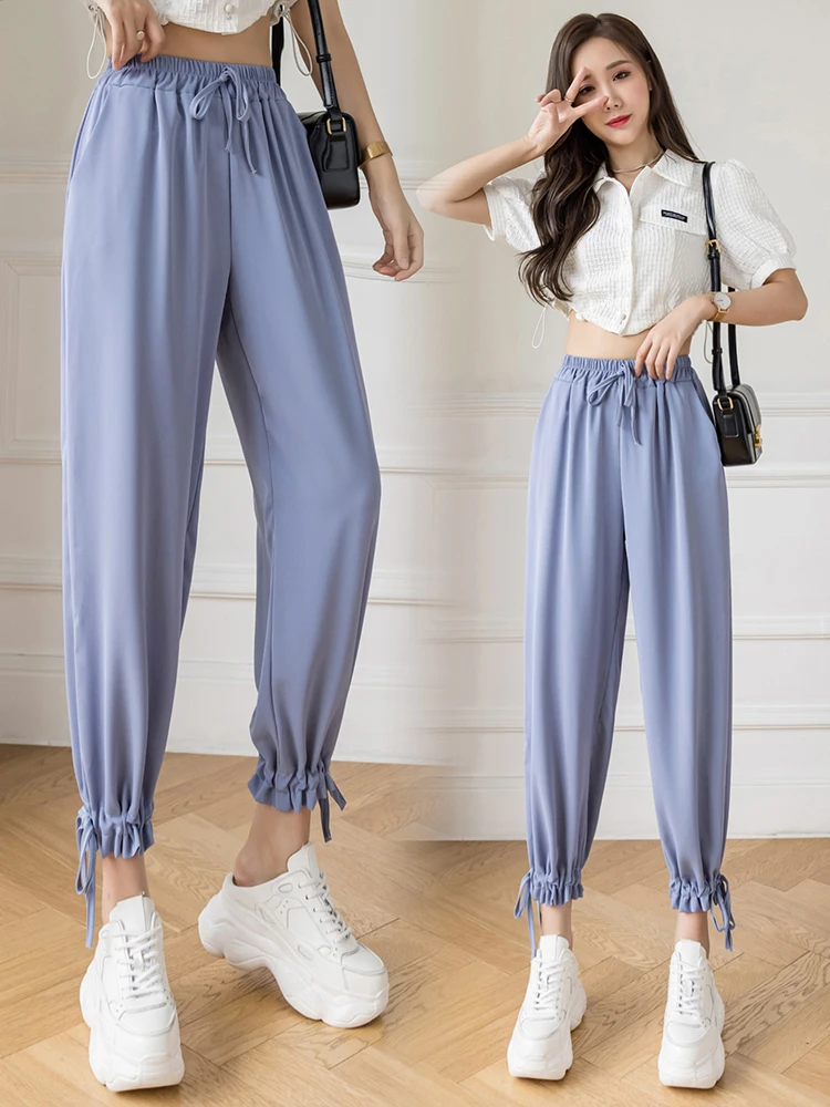 

Tie-Hem Drawstring Elastic High Waist Summer Chiffon Pants Women Casual Blue Green Red Black Pink Pants Korean Fashion Joggers