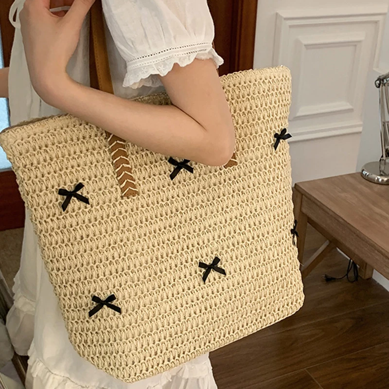 Women Top-Handle Bags Straw Black Bowknot Shoulder Bag Summer Beach Straw Bucket Bag Woven Tote Purse Casual Travel Handbags