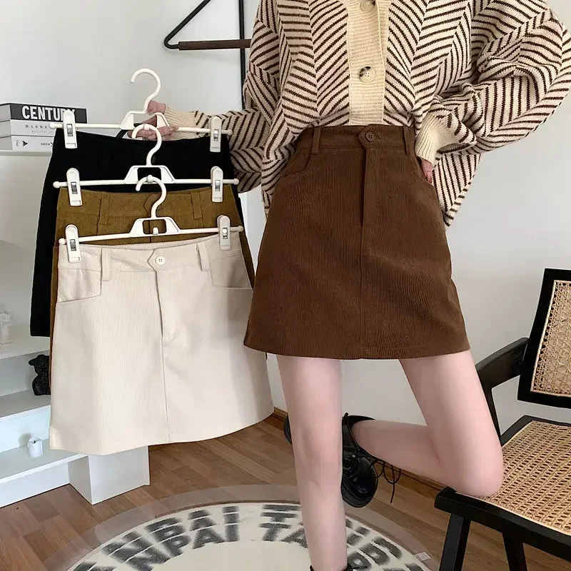 A-line High Waist Korean Mini Skirt Women's Corduroy Skirts Autumn Winter Ropa De Mujer Vintage Kawaii Quality Clothing Faldas