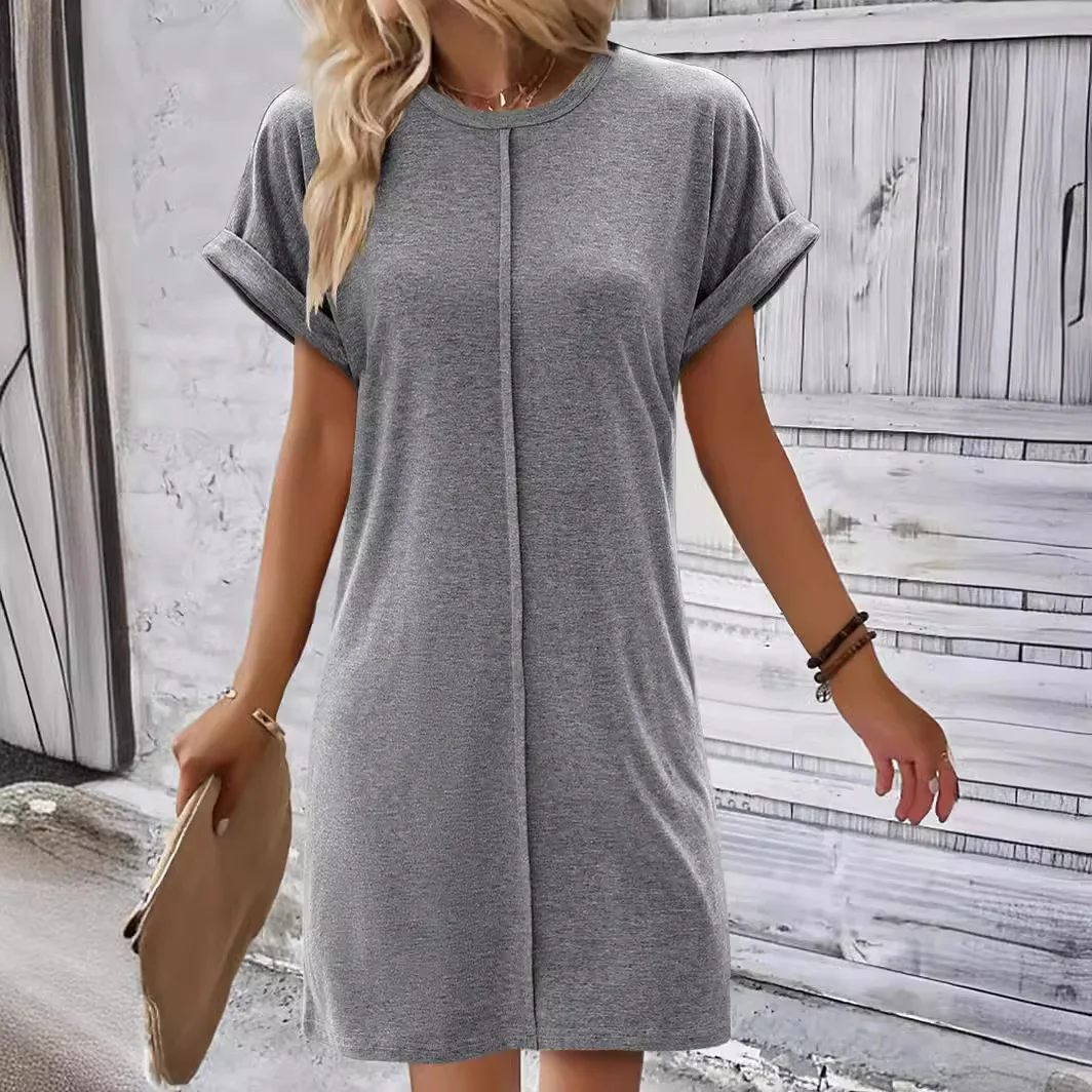 Women Solid Color Short Sleeve Mini Dress Summer Fashion
