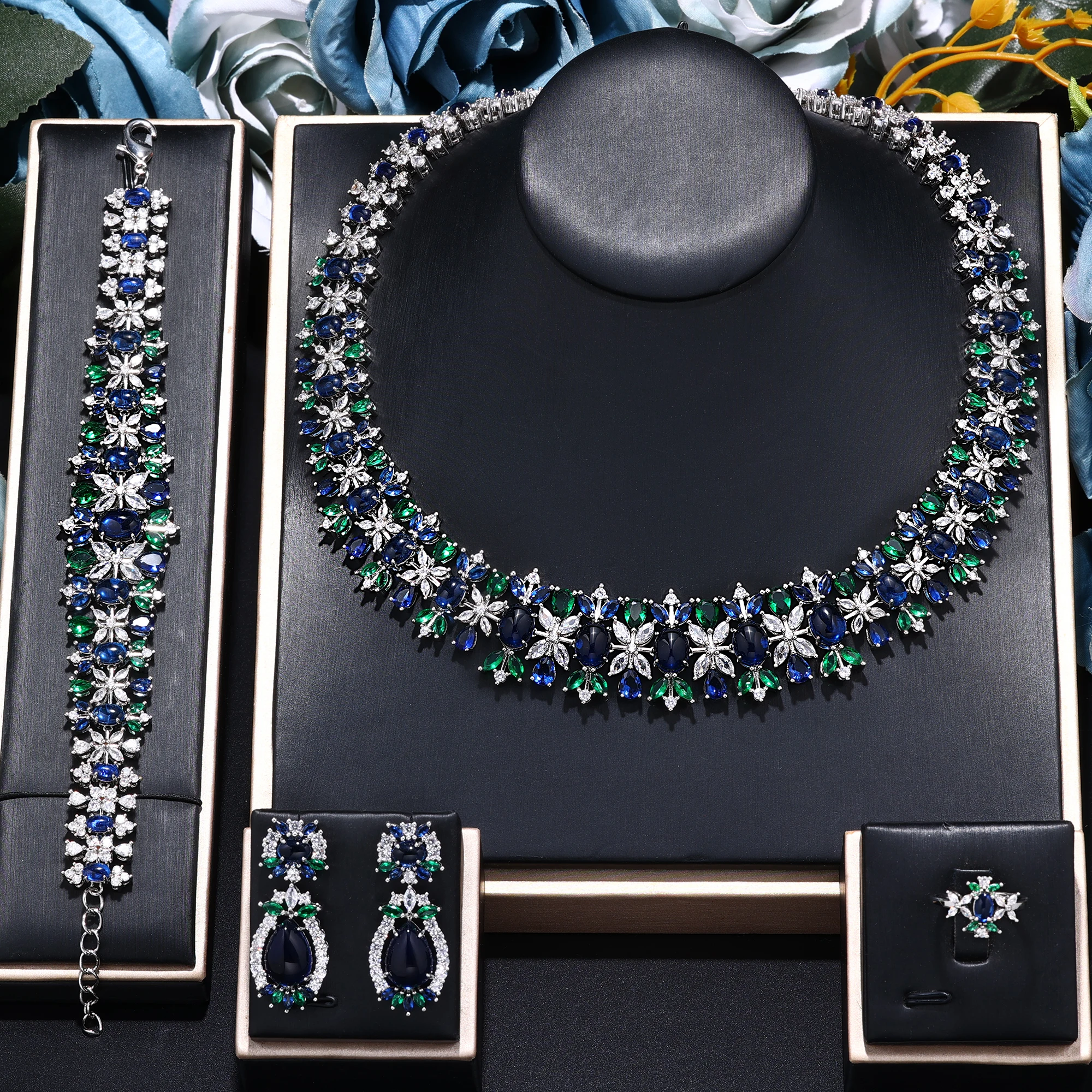 

Luxury Green Blue CZ Crystal Turquoise 4-piece Earrings Necklace Set Dubai UAE Saudi Wedding Bridal Jewelry Set for Women Party