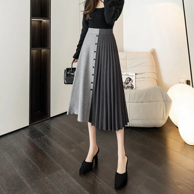 

High Waist Big Swing Knitted Skirt Women 2022 Autumn Winter Elastic Waist Single Breasted Mid-Length Pleated Skirt Knitwear I642