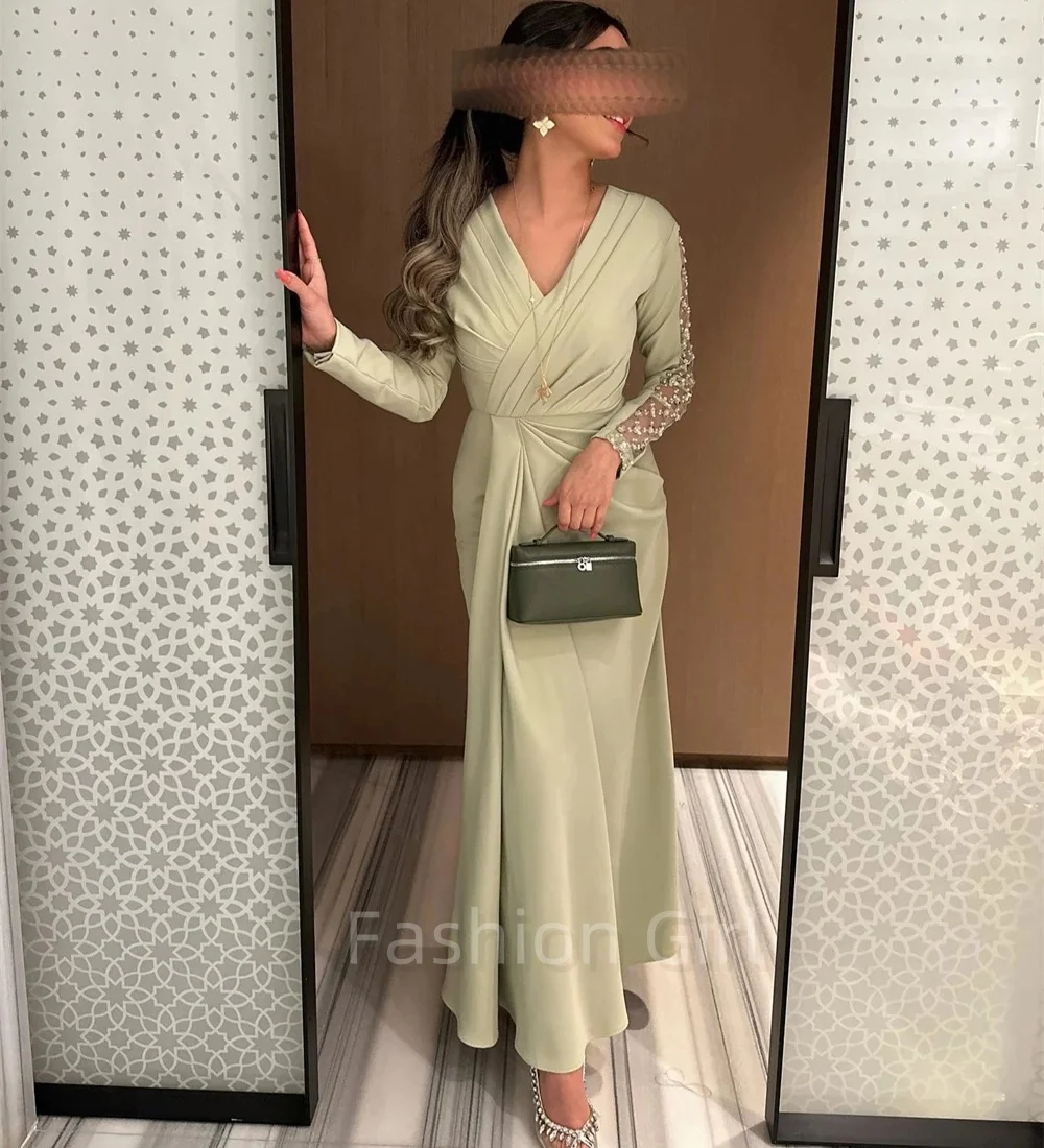 

Elegant Green V-neck Sheath Evening Cocktail Sequin Pleated Flowers Fold Satin Ankle Length Long Sleeve Prom Dresses vestidos