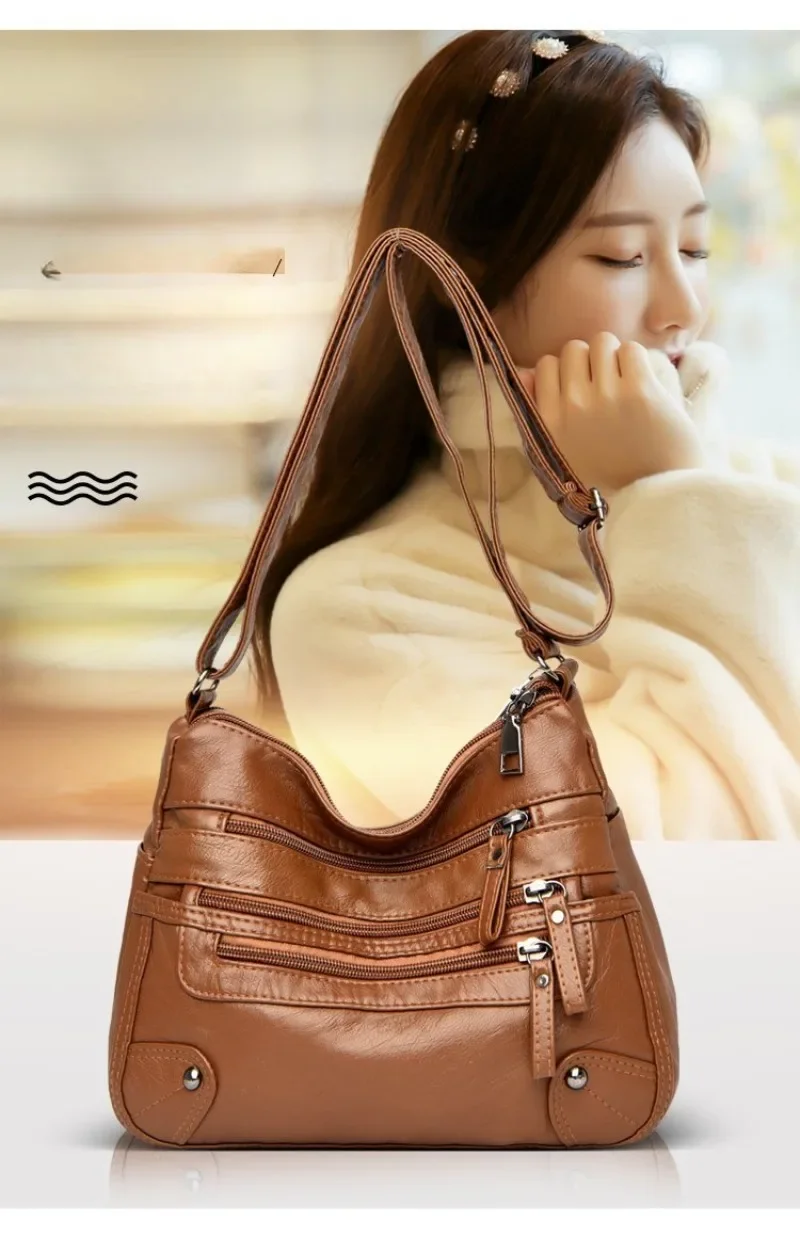 Soft Leather Shoulder Bag - Women's Crossbody Double Layered Large Capacity Tote